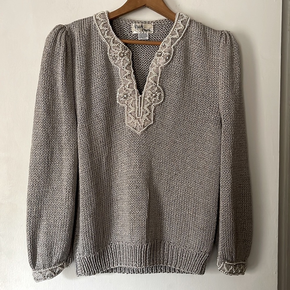 Nicole of Miami Vintage Gray and Silver Beaded Puff Sleeve Sweater